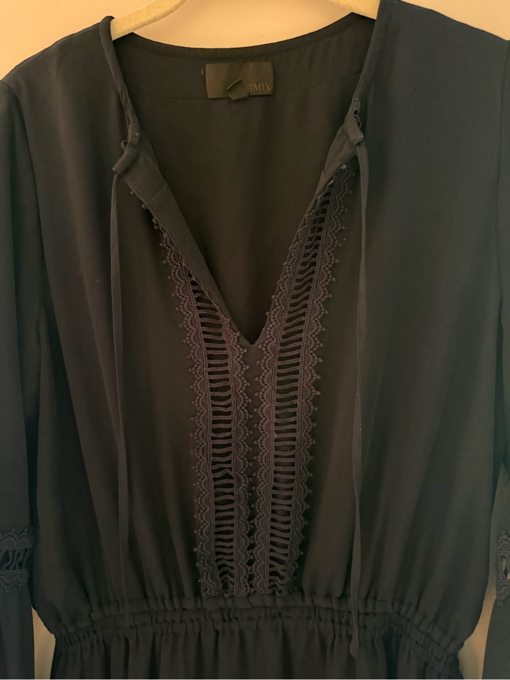 INTERMIX Navy Long-Sleeve Ladder Lace Boho Mini Dress, Size Medium - Picture 5 of 8